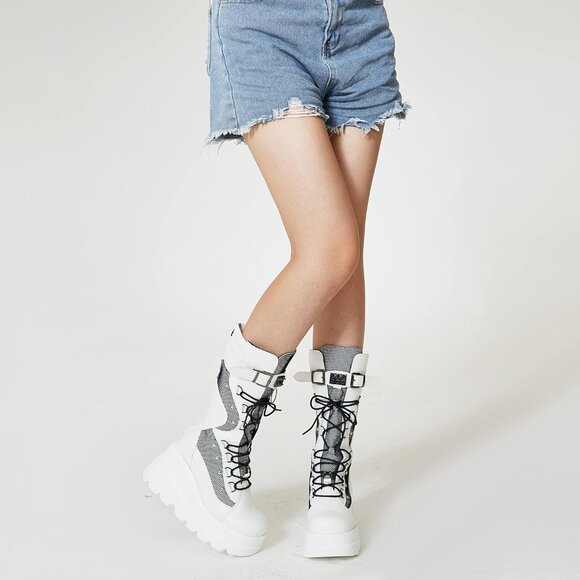 Women's Gothic Platform Boots Synthetic Mid Calf Chunky Wedge Zip - Picture 6 of 6